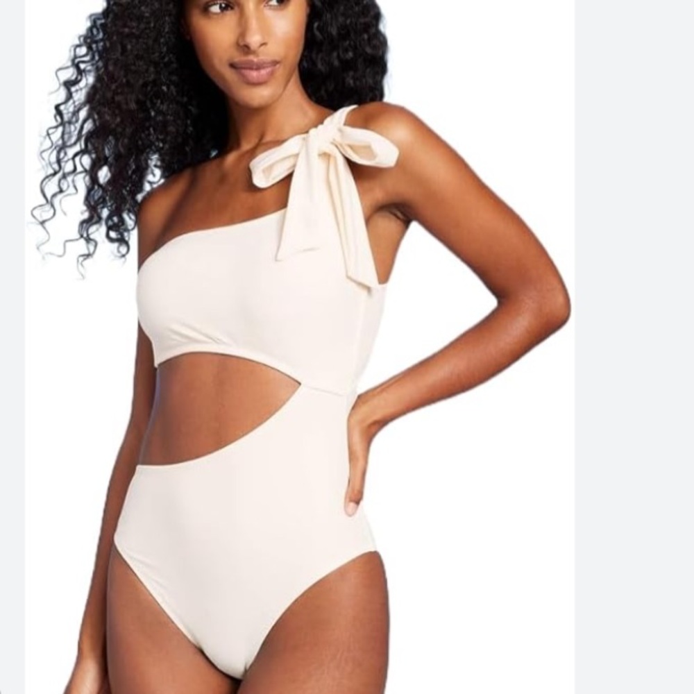 Shade & Shore Beige Ivory One Shoulder Bow Cut Out One Piece Swimsuit Large NEW